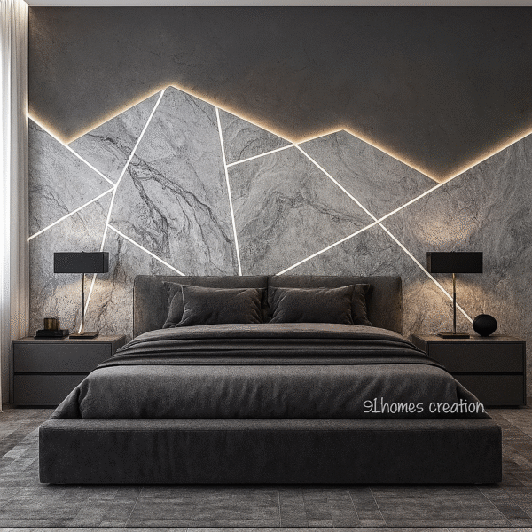 Grey Geometric Marble Bed Back Wall with LED Lights