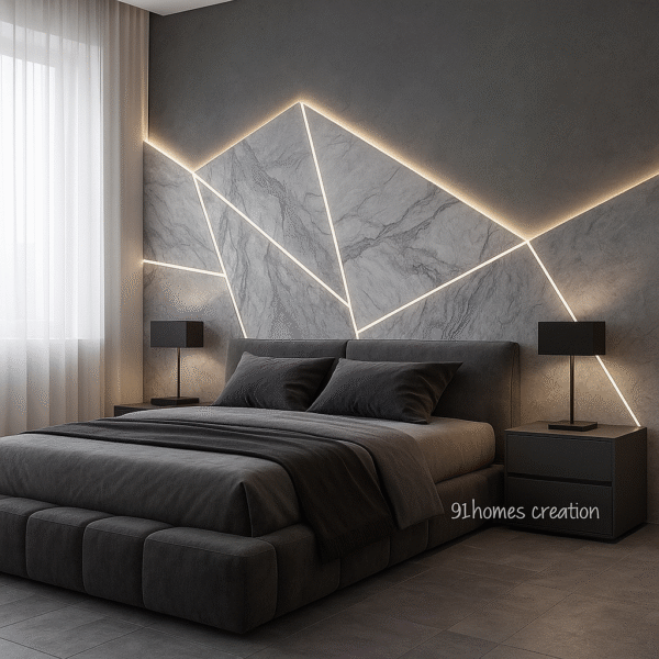 Modern bed back wall design with grey tones, backlit lighting, and abstract paneling