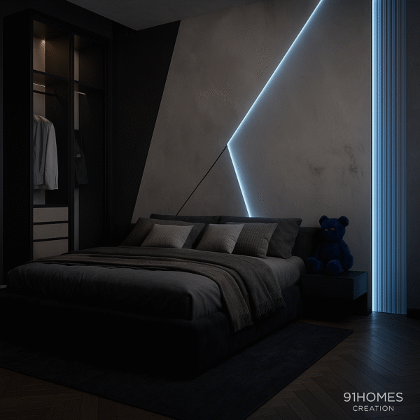 Minimalist bed back wall design in matte concrete finish with blue LED lights