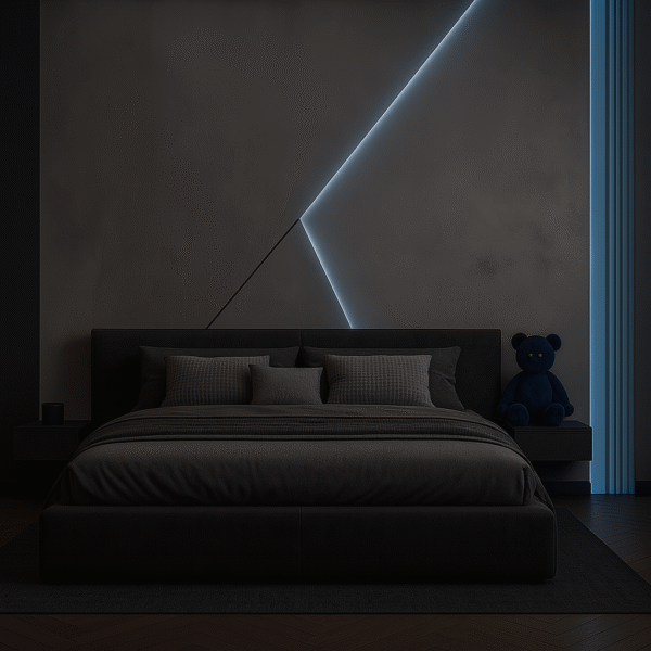 Matte Black Bed Back Wall with Blue LED Strip Accents