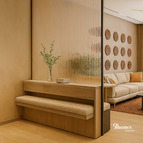Square glass divider with vertical lines and cushioned wooden seating