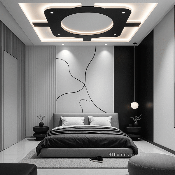 Monochrome Bed Back Wall with Grey Upholstered Bed and LED Ceiling