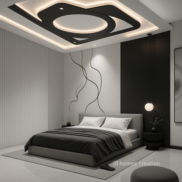Minimalist grey upholstered bed with artistic bed back wall panel and pendant light