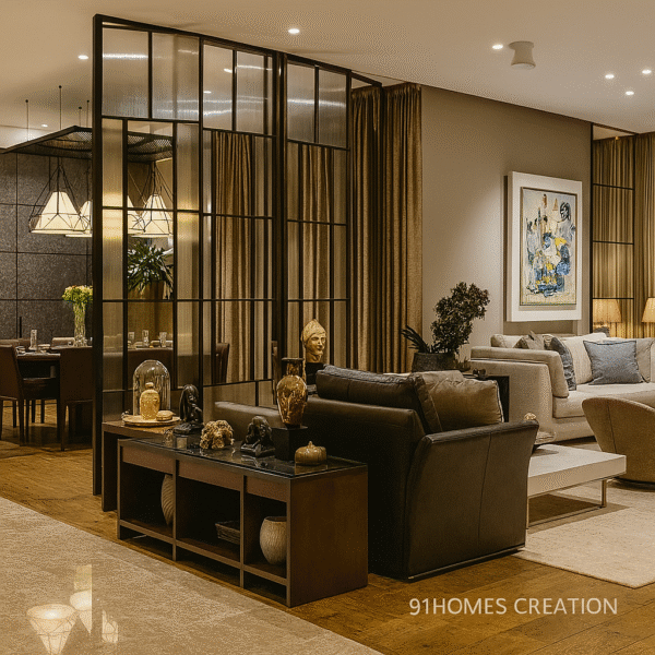 Brown Leather Sofa with Glass Partition and Beige Curtains Design