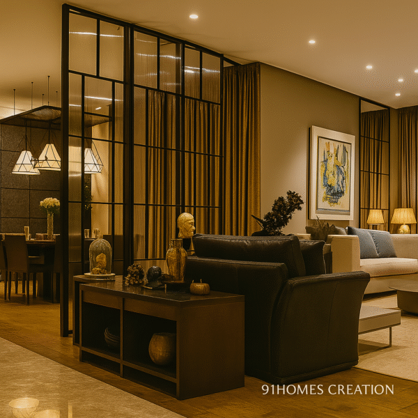 Modern open-concept interior with metal-framed glass divider, beige curtains, and wooden flooring