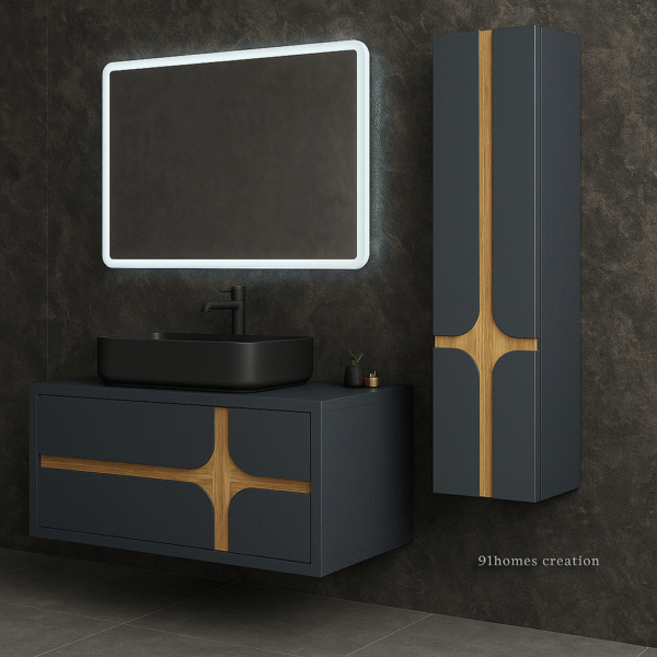 Modern wall-mounted vanity with black countertop, wooden inlay, and tall cabinet