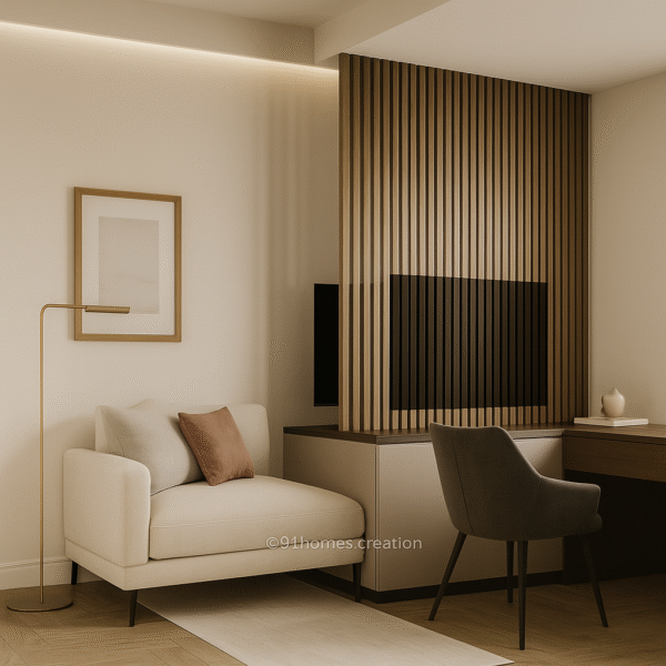 Vertical wooden divider with integrated desk and neutral-toned seating area