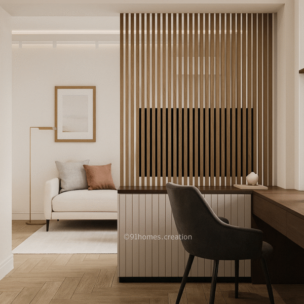 Beige and Brown Wooden Partition with Work Desk Setup
