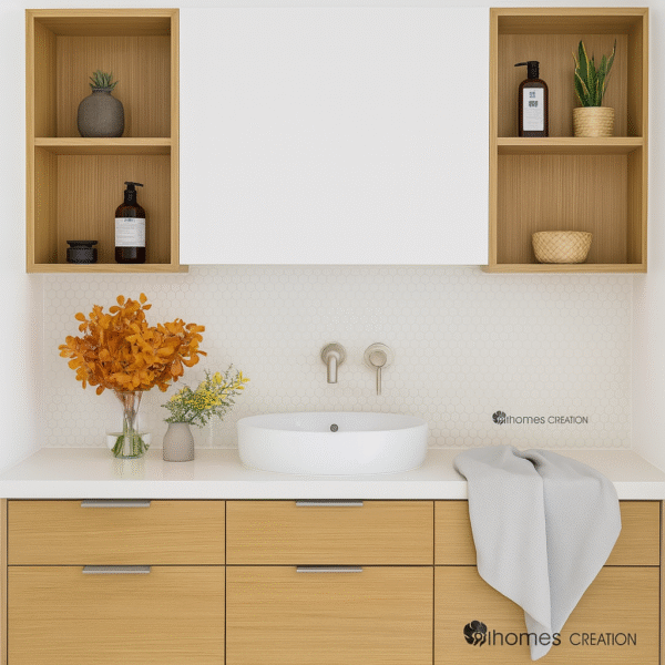 Scandinavian Oak Vanity with light oak drawers and white round basin
