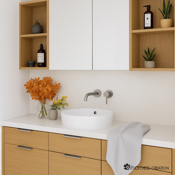 Floating bathroom cabinet in oak finish with ceramic vessel sink and hex tile backsplash