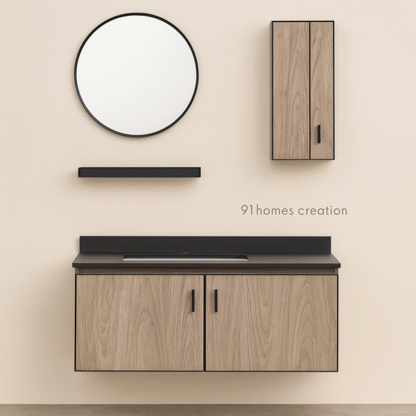 Urban Oak Wall-Mount Vanity with black countertop and round mirror