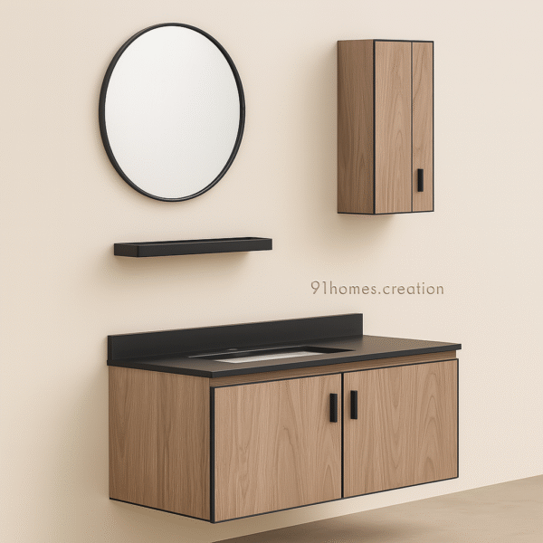 Modern floating bathroom cabinet in oak finish with black handles
