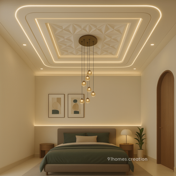 Geometric cove ceiling design with warm recessed lighting in modern bedroom