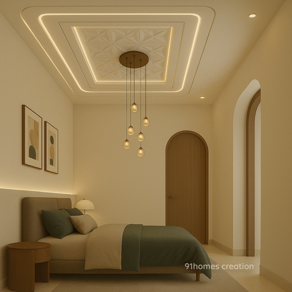 Elegant bedroom ceiling with 3D geometric center and cove lights