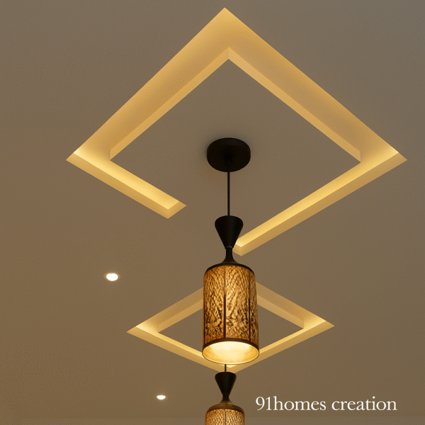 Diamond cut false ceiling design with warm cove lighting