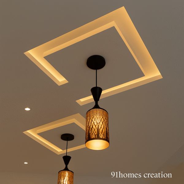 Modern geometric ceiling with pendant lights and diamond shape