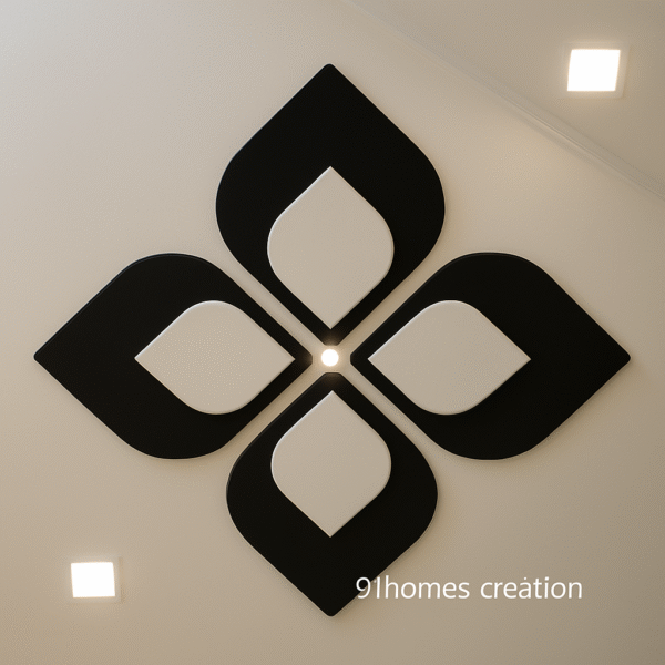Black and white flower ceiling design with abstract petal shapes