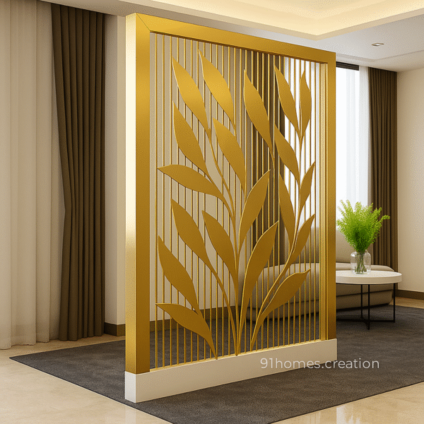 Decorative room divider in matte gold finish with botanical leaf pattern and metal frame.