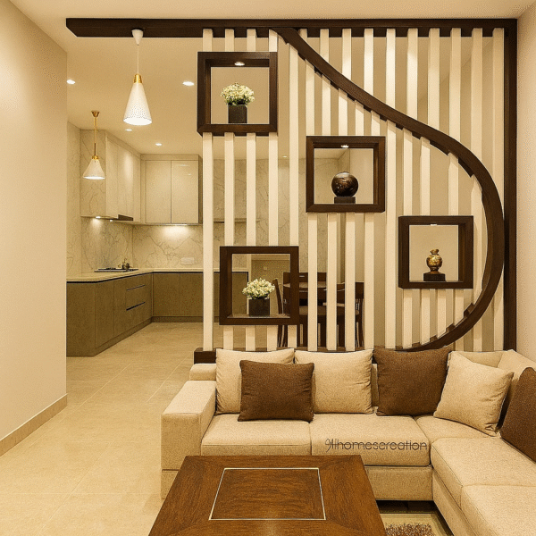 Curved Brown Partition with Beige Slats and Display Boxes