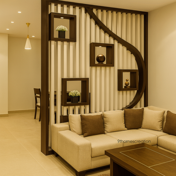 Beige and brown open-concept living area with decorative partition and L-shaped sofa