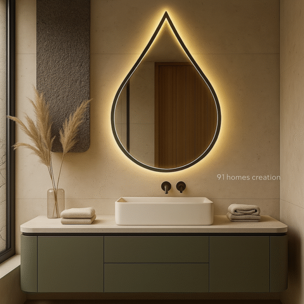 Olive green floating vanity with drop-shaped LED mirror and beige basin