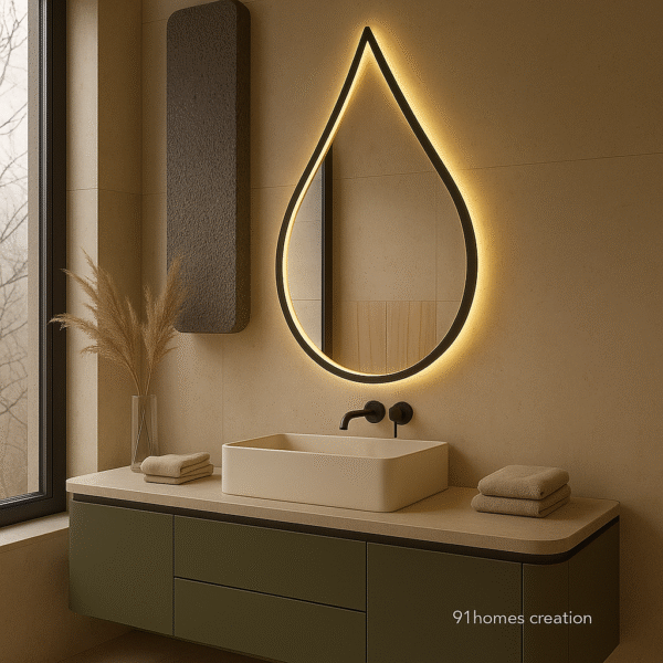 Modern bathroom with matte finish vanity, ceramic sink, and backlit mirror