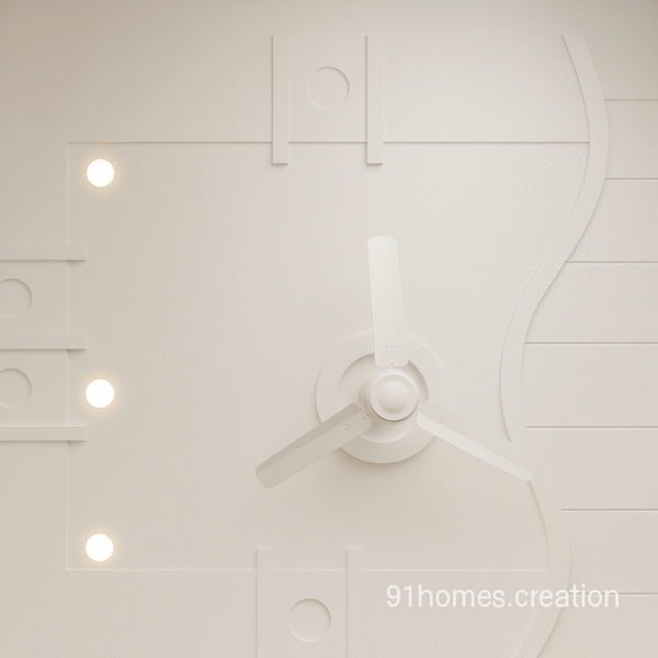 All-white POP ceiling with circular patterns and fan