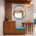 Wooden foyer unit with teal cushion, round mirror, and pendant lights