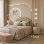 Modern bedroom with pastel pink bed, circular art frame, and fluted wall finish