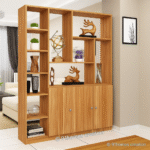 Wooden Partition with Display Shelves and Oak Finish