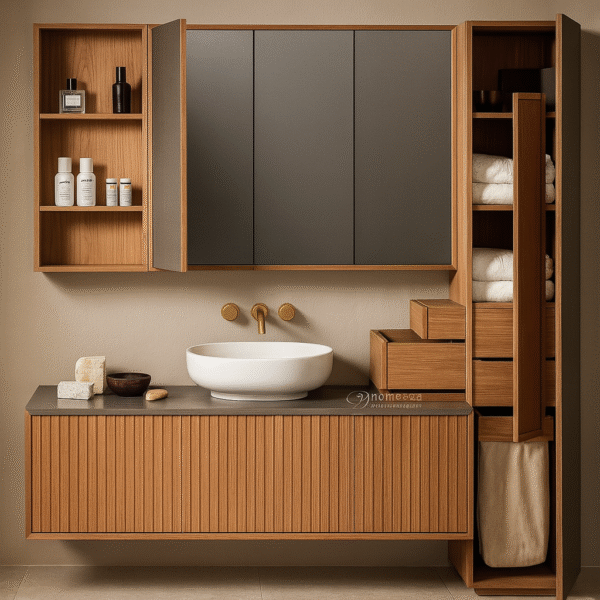 Light Oak Slatted Vanity with vertical slatted wood drawers, round white basin, and grey countertop