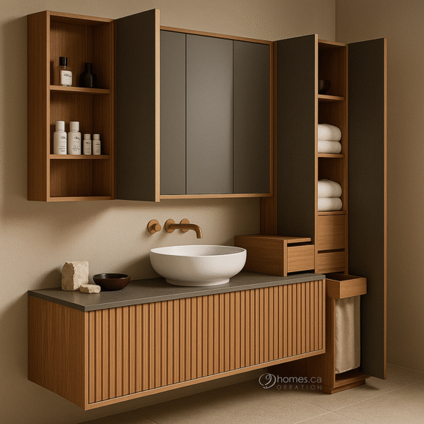 Light oak wall-mounted vanity unit with grey mirror cabinets, open storage shelves, and brass faucet