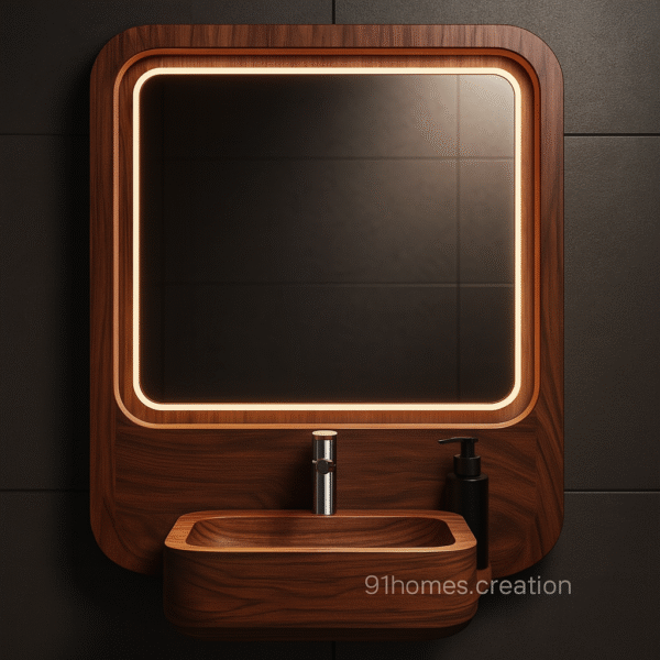 Walnut Floating Vanity with LED backlit mirror and chrome faucet on dark tiled wall
