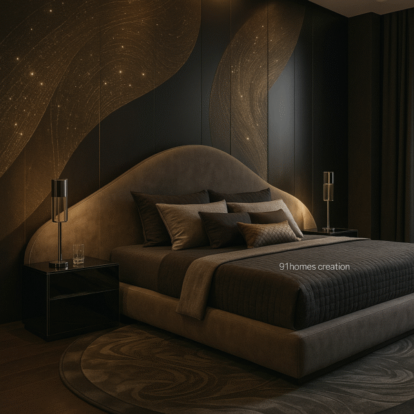 Velvet upholstered bed with celestial-themed bed back wall and modern lighting
