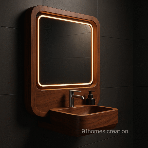 Modern floating bathroom vanity in walnut wood with rounded basin and illuminated mirror