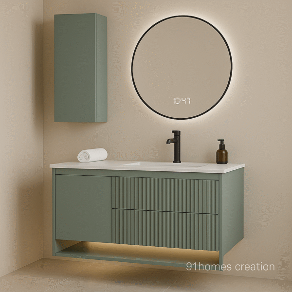 Modern floating vanity in matte sage finish with underlight and wall-mounted tall cabinet