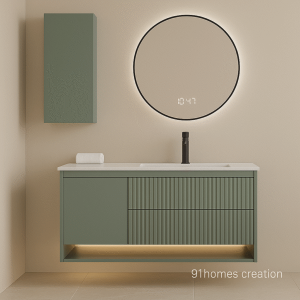 Sage Green Fluted Vanity with white quartz countertop and round LED mirror