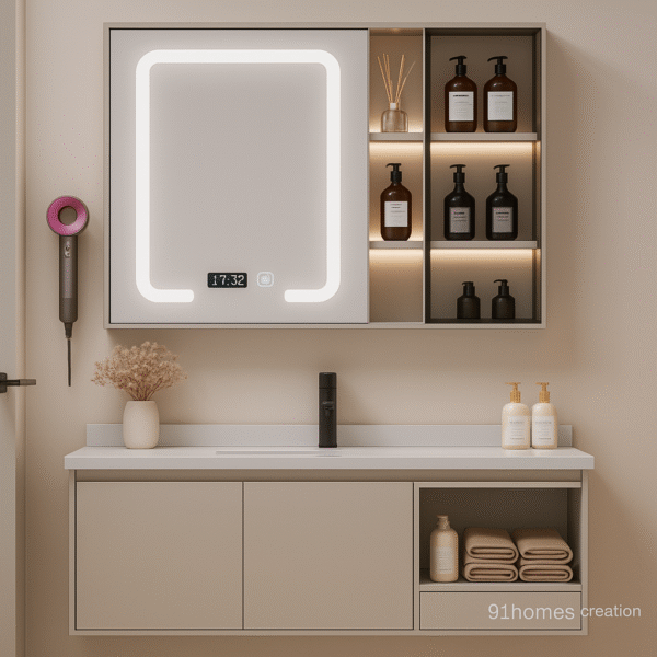 Matte Beige Floating Vanity with LED mirror and black faucet