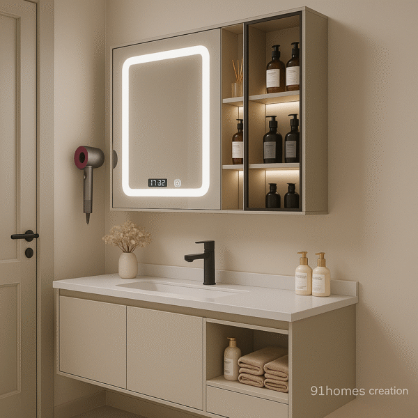 Wall-mounted modern vanity with open towel shelf and ceramic countertop
