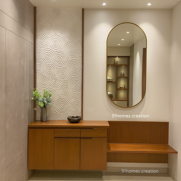 Beige fluted bench foyer with gold oval mirror and wooden console