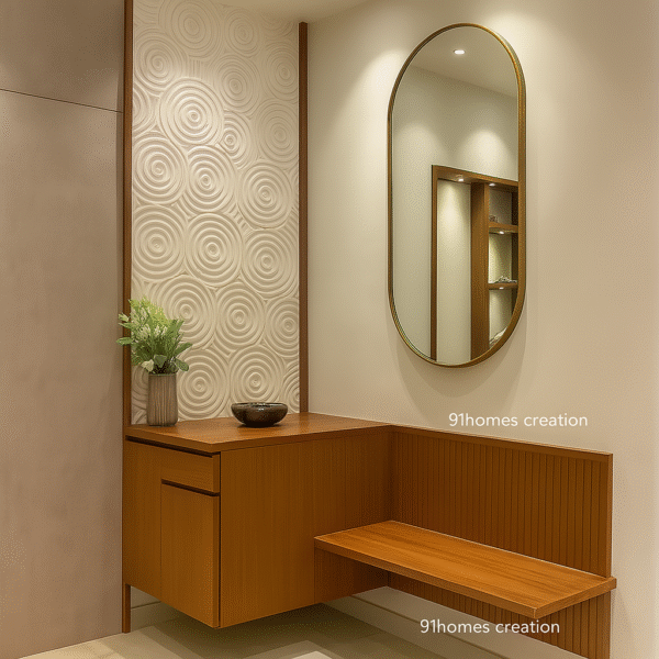 Modern entryway design featuring textured wall panel and floating console