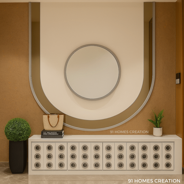 Brown U shaped foyer with round mirror and circular console design