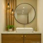 Beige and Wood Floating Vanity with white ceramic basin on wooden floating vanity and beige wall