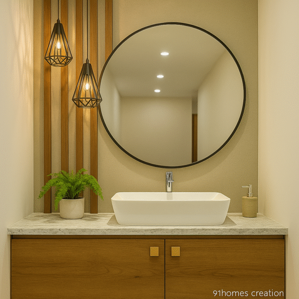 Beige and Wood Floating Vanity with white ceramic basin on wooden floating vanity and beige wall