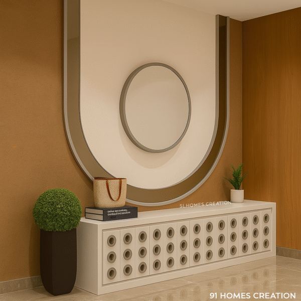 Modern foyer with brown textured panel, mirror, and white cabinet