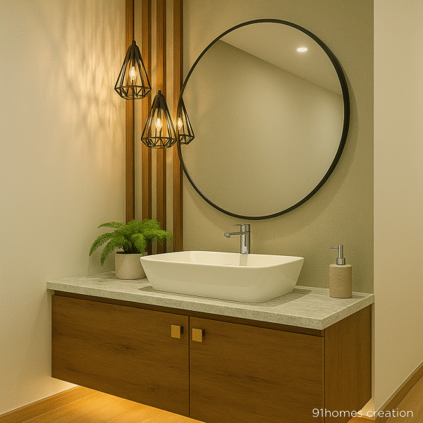 Modern bathroom vanity with hanging black pendant lights and marble countertop