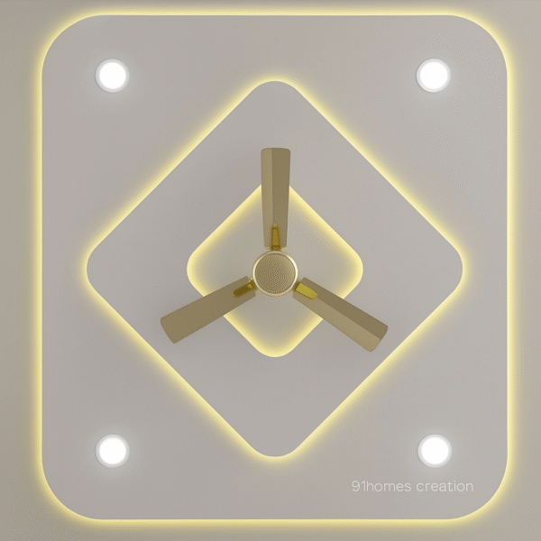 Diamond layer ceiling design with glowing edges and ceiling fan ✅