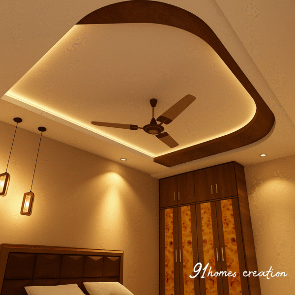 Modern ceiling design featuring rounded edge and wood finish