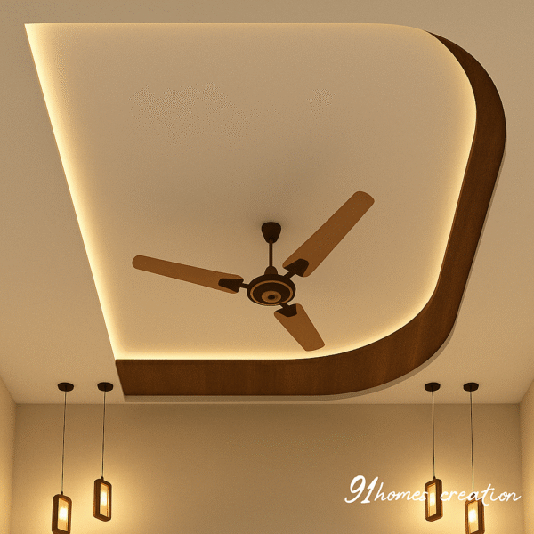 Curved wooden border ceiling with fan and soft cove lighting ✅