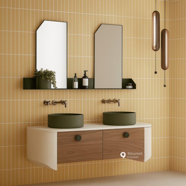 Modern bathroom vanity with round matte green vessel sinks and wall-mounted faucets